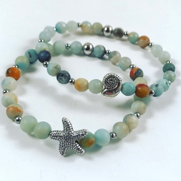 Silverskylight Jewelry - Genuine amazonite gem silver star fish & shell set